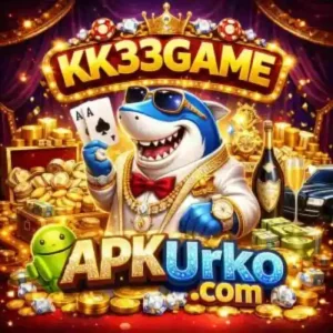 KK33 Game official APK for Android featuring luxury shark character, gold coins, and casino rewards on APKUrko.com