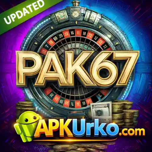 PAK67 official game updated interface with roulette wheel, gold coins, and a secure APK download from APKUrko.com.