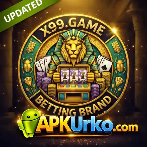 X99.GAME Betting Brand logo featuring a golden lion, slot machine, and playing cards with APKUrko branding."
