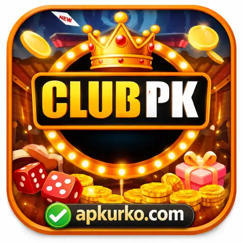 CLUBPK casino game logo with crown, coins, dice, and new update on apkurko.com
